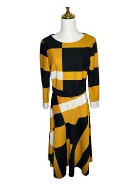Danny & Nicole Retro Geometric Long Sleeve Midi Dress 60s Mod EUC Sz 14 Groovy